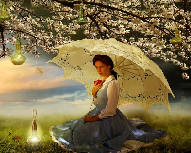 Woman with Umbrella — Green, Serene, Spring