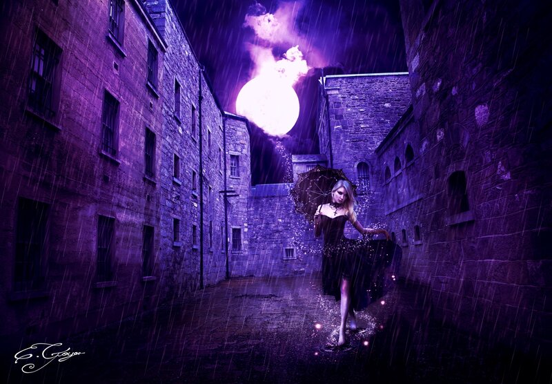 Woman with Umbrella in Alley — Purple