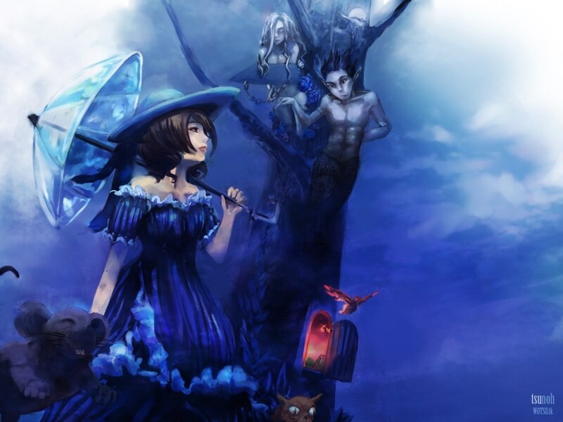 Woman with Umbrella in Blue Dress — Dramatic