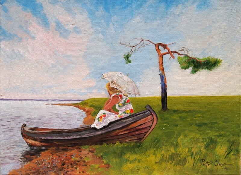 Woman with Umbrella in Boat