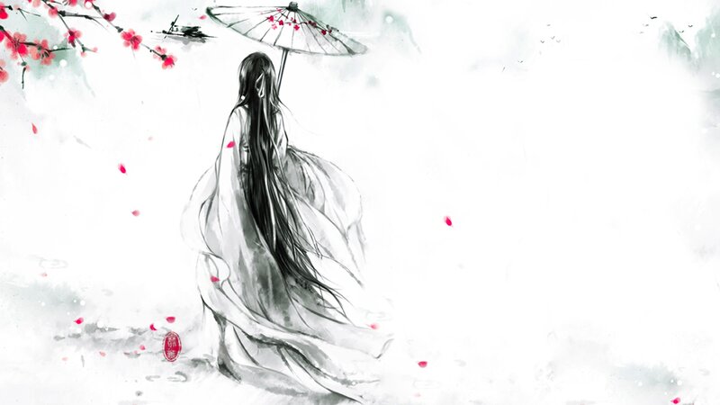 woman with umbrella in cherry blossoms