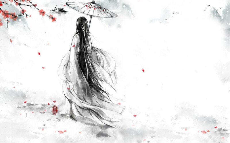 woman with umbrella in cherry blossoms
