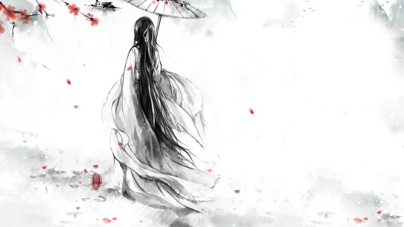 woman with umbrella in cherry blossoms