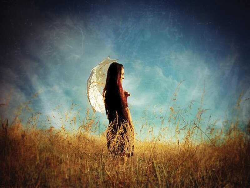 Woman with Umbrella in Field — Blue, Dramatic