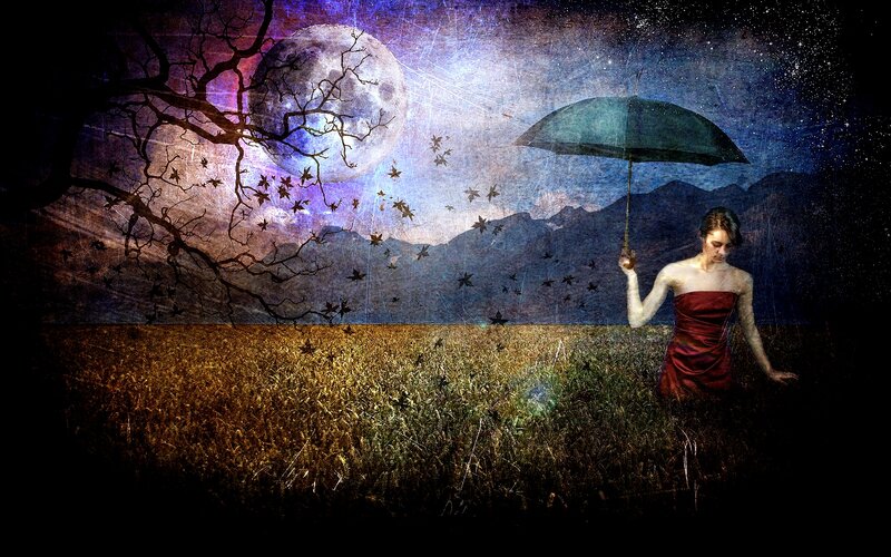 Woman with Umbrella in Field — Blue