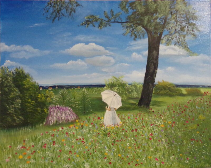Woman with Umbrella in Field — Green, Serene, Afternoon