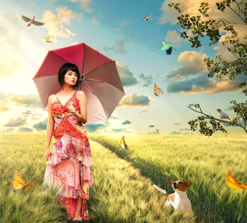 Woman with Umbrella in Field — Green