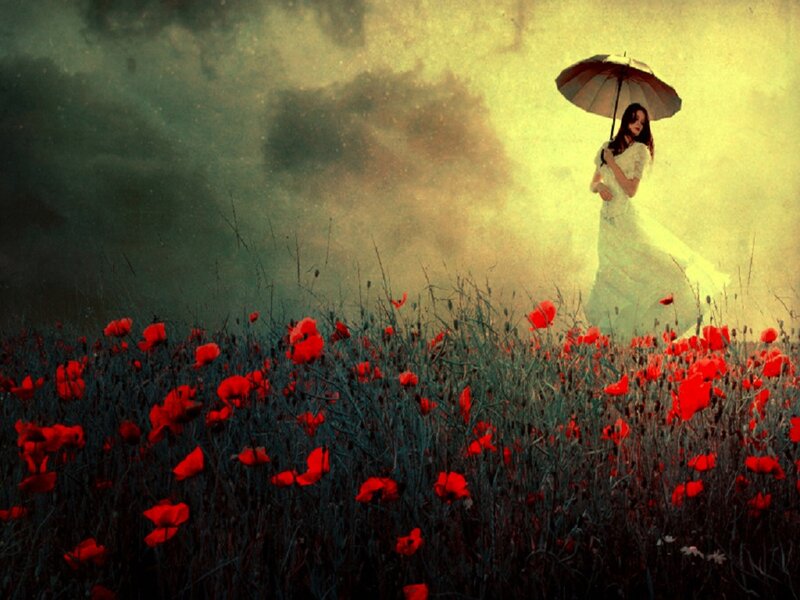 Woman with Umbrella in Field — Red