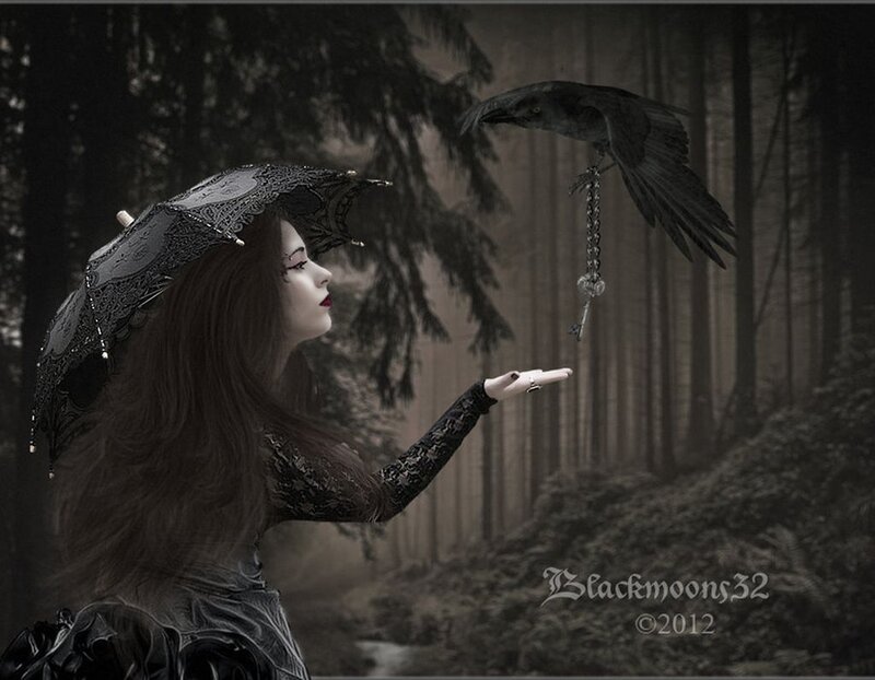 Woman with Umbrella in Forest — Black, Dramatic