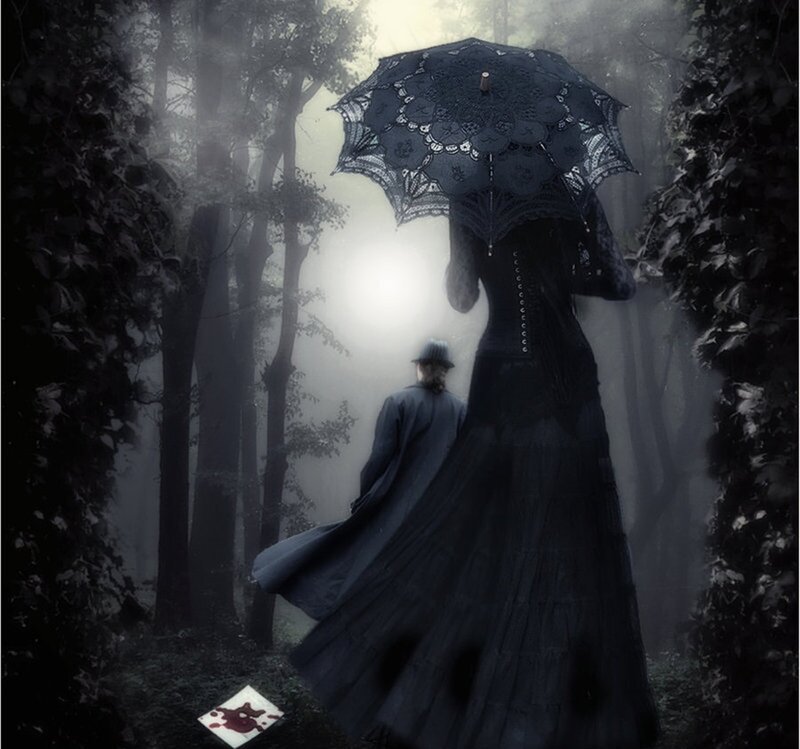Woman with Umbrella in Forest — Black