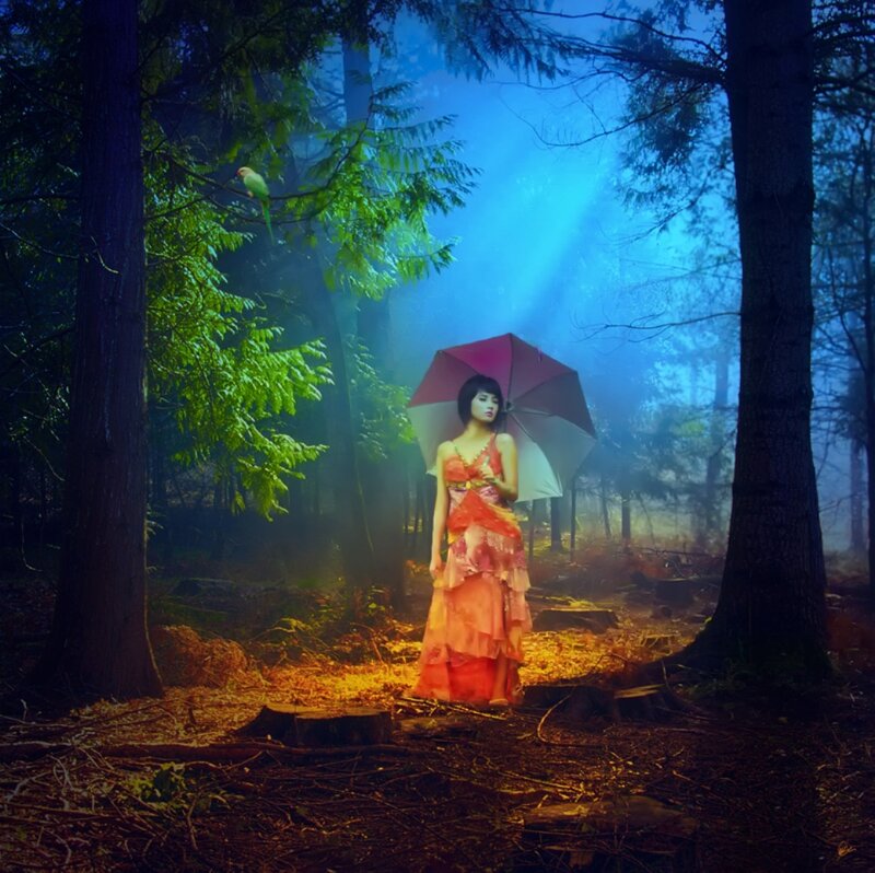 Woman with Umbrella in Forest — Blue