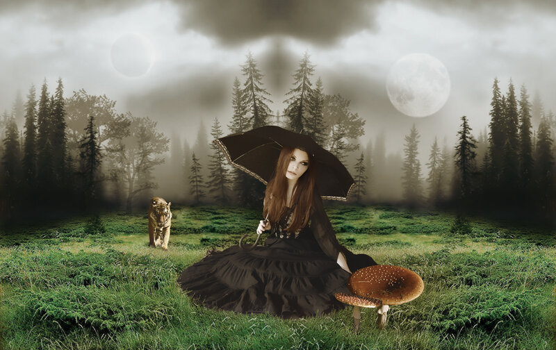 Woman with Umbrella in Forest — Green