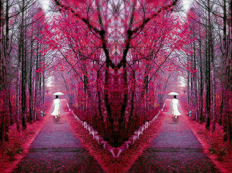 Woman with Umbrella in Forest — Red, Dreamy