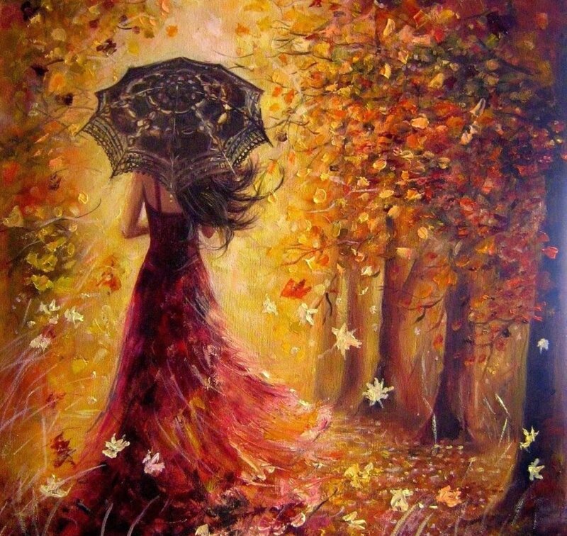 Woman with Umbrella in Forest — Red, Serene