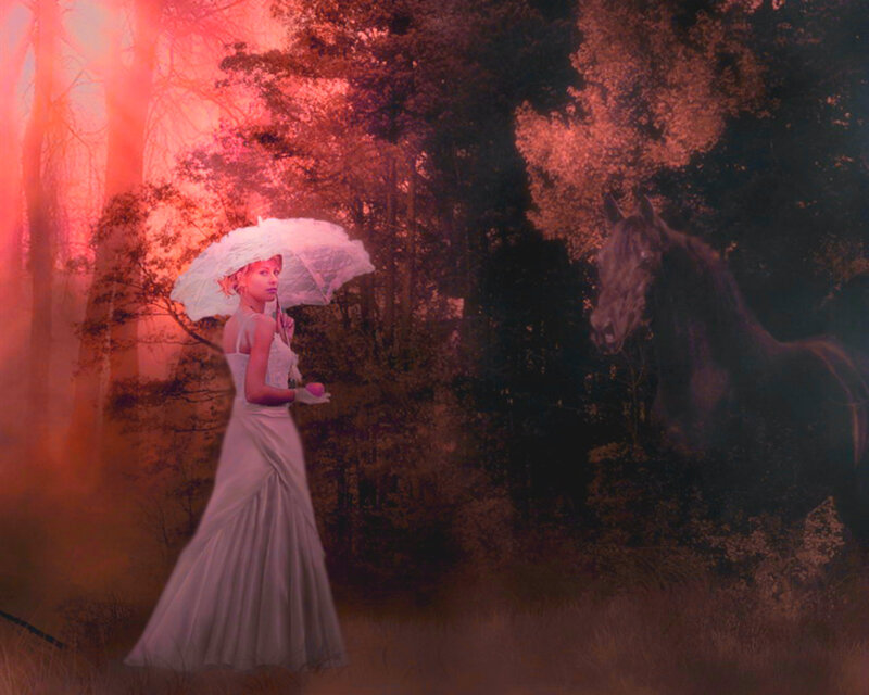 Woman with Umbrella in Forest — Red