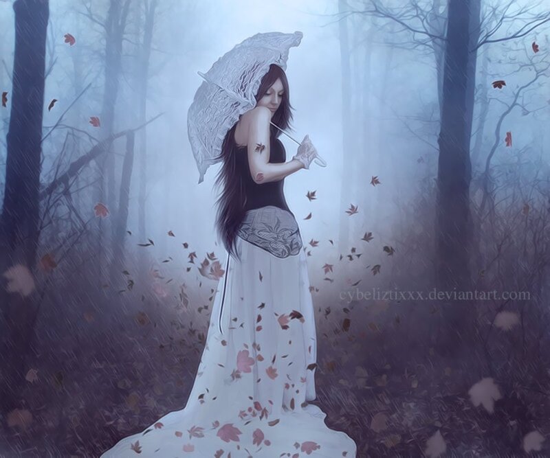 Woman with Umbrella in Forest — White