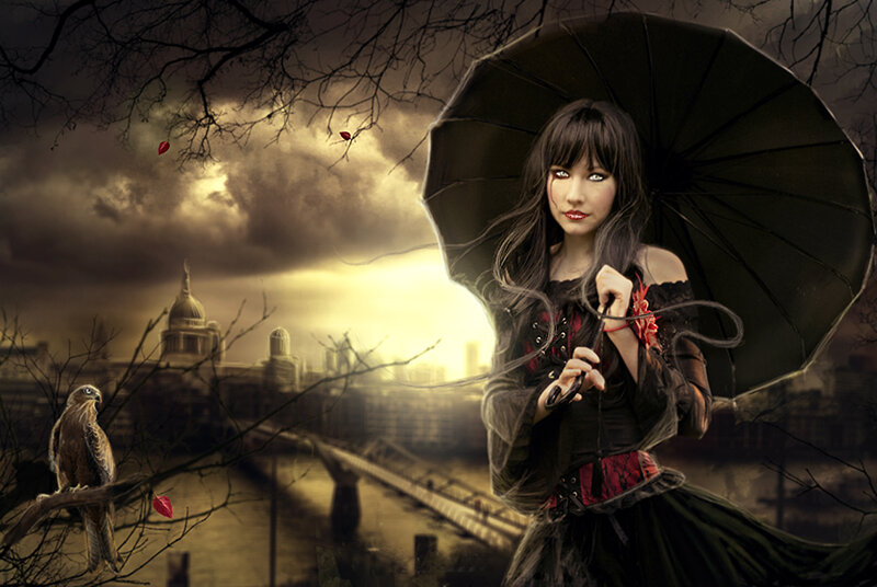 woman with umbrella in gothic city
