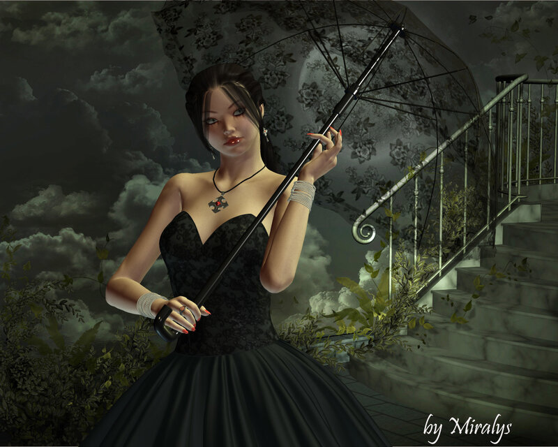 woman with umbrella in gothic setting