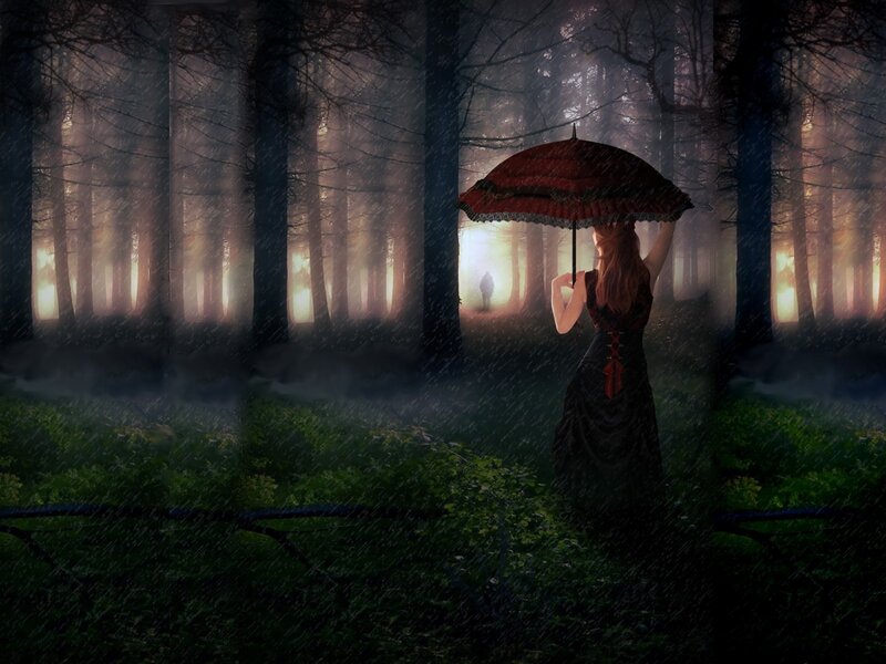 Woman with umbrella in misty forest