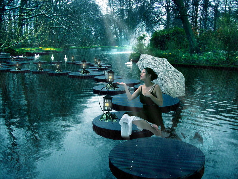 Woman with Umbrella in Pond