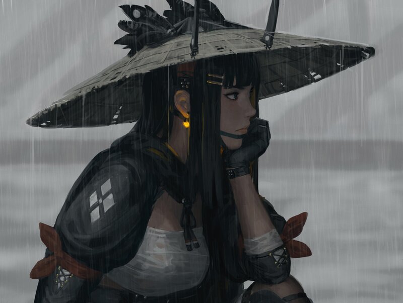 Woman with Umbrella in Rain — Black, Dramatic, Digital Art