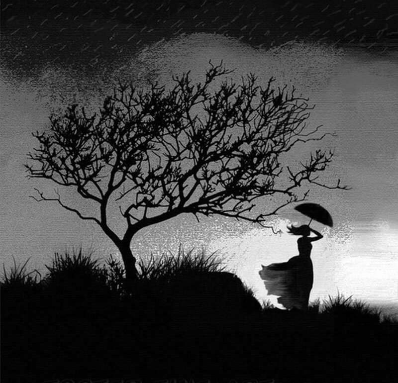 Woman with Umbrella in Rain — Black, Dramatic, Night