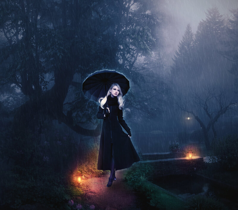 Woman with Umbrella in Rain — Black, Dramatic