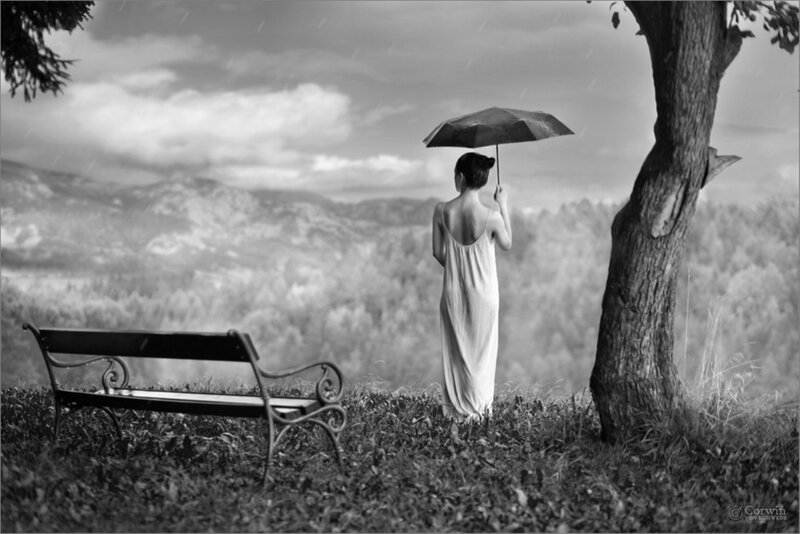 Woman with Umbrella in Rain — Black