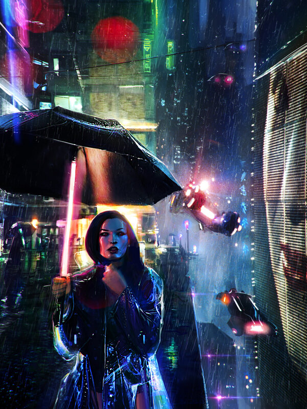 Woman with Umbrella in Rain — Blue, Dramatic, Night, Digital Art, Neon Lights