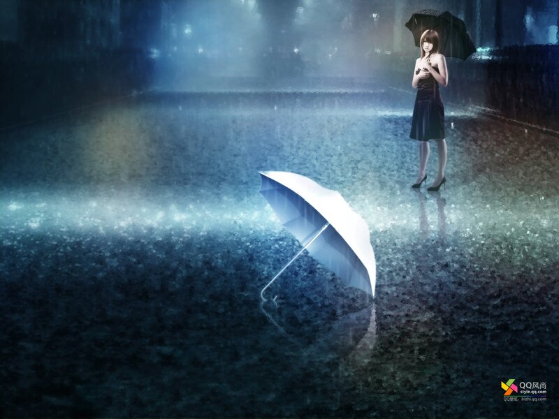 Woman with Umbrella in Rain — Blue, Dramatic, Night