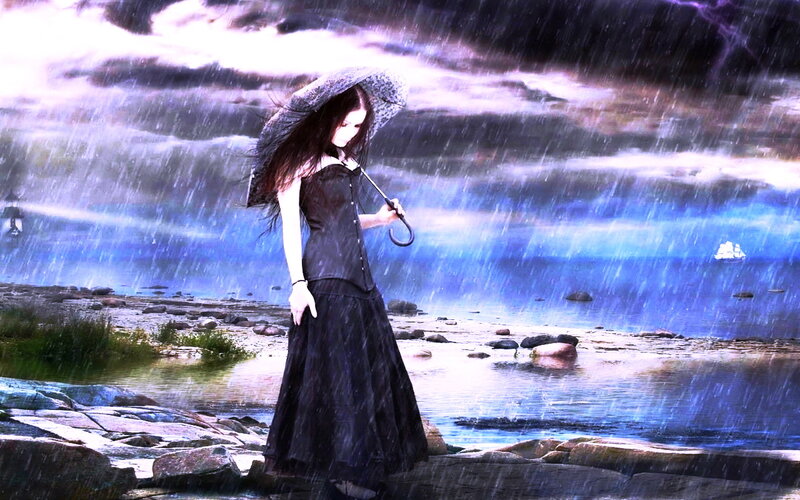 Woman with Umbrella in Rain — Blue, Dramatic