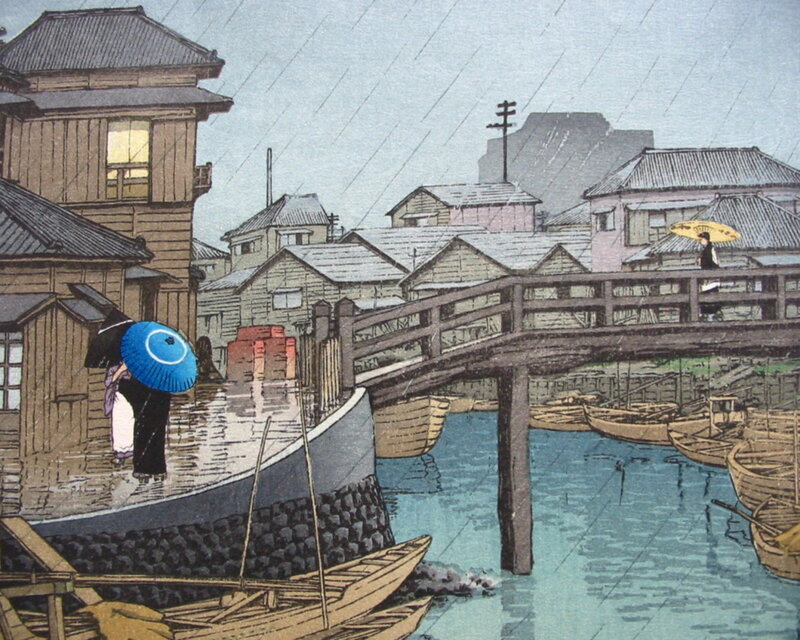 Woman with Umbrella in Rain — Blue