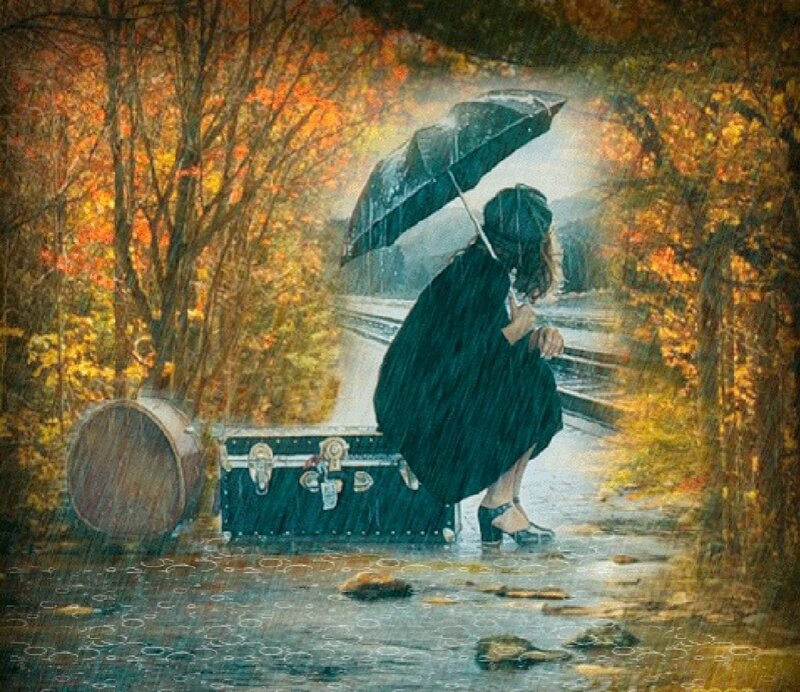 Woman with Umbrella in Rain — Green, Melancholic