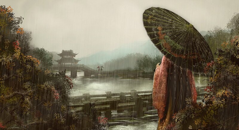 Woman with Umbrella in Rain — Green