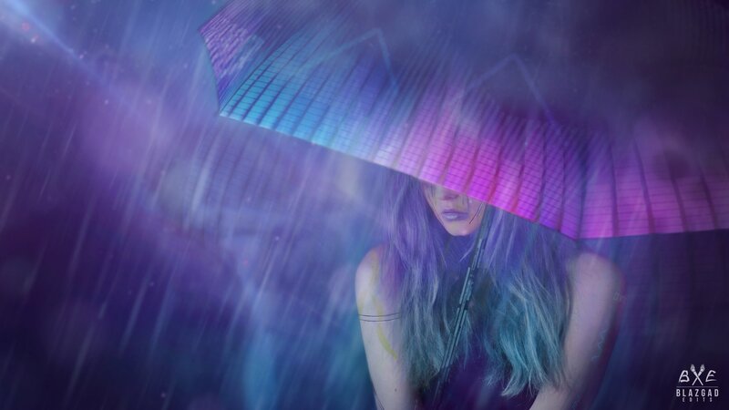Woman with Umbrella in Rain — Purple, Dramatic
