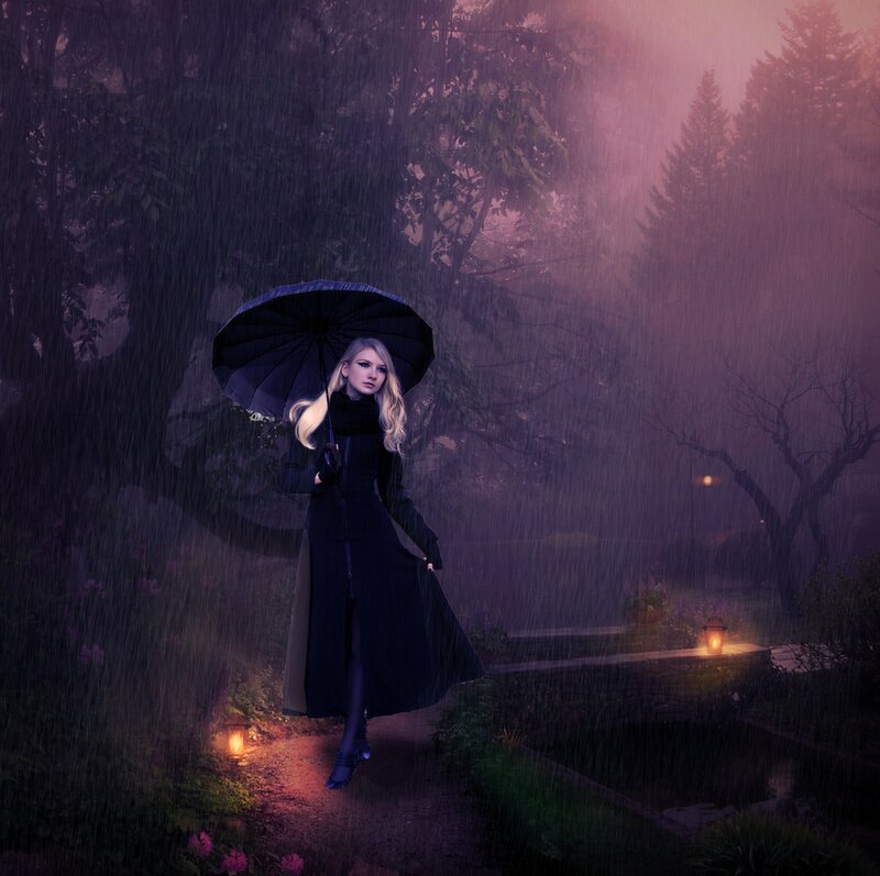 Woman with Umbrella in Rain — Purple