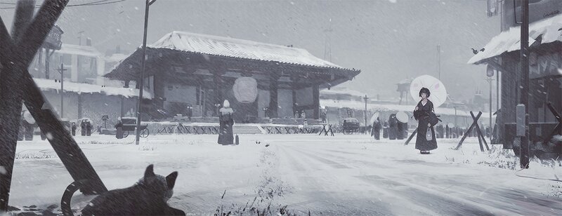 Woman with Umbrella in Snow — White