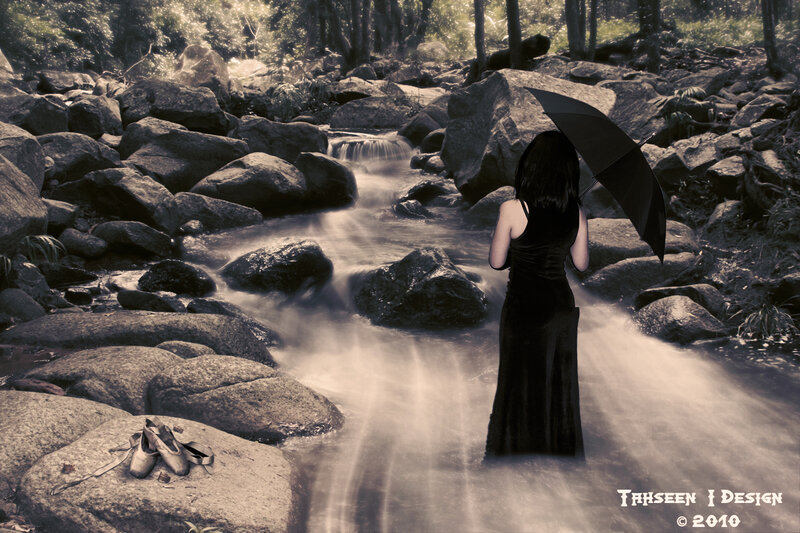 Woman with Umbrella in Stream