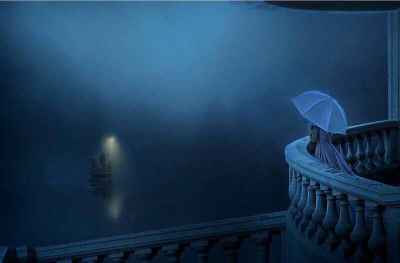 Woman with Umbrella on Balcony — Blue