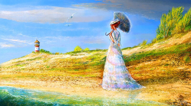 Woman with Umbrella on Beach — Blue