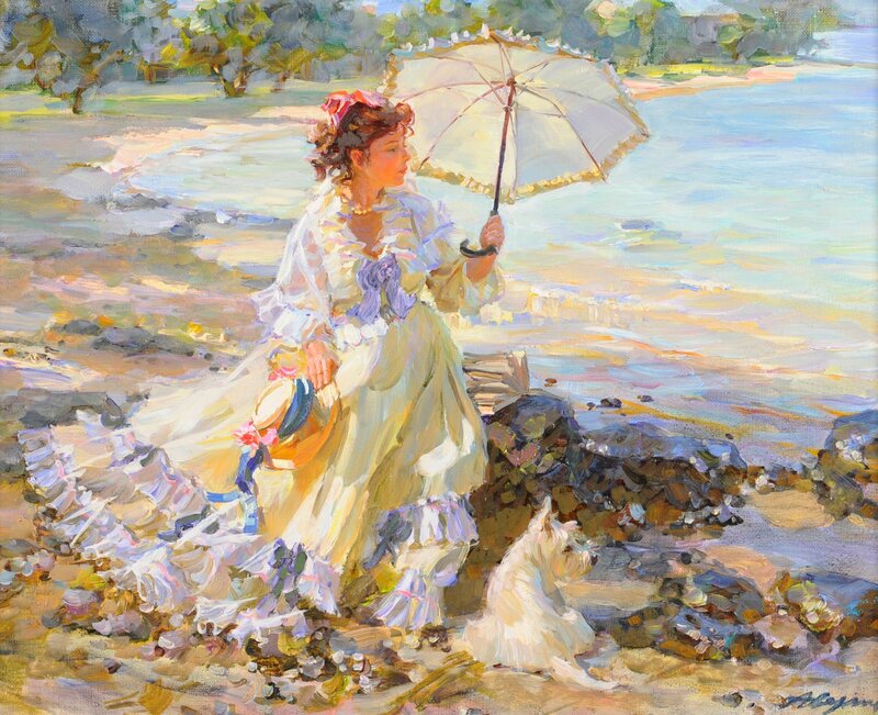 Woman with Umbrella on Beach — White