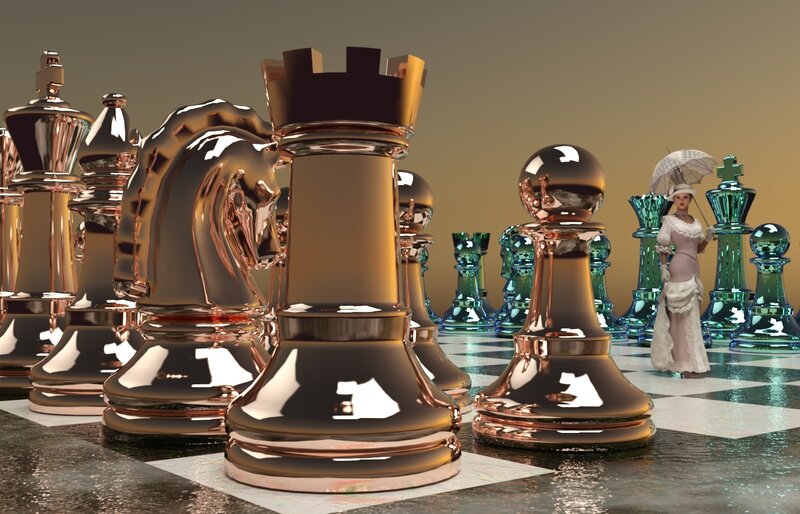 Woman with Umbrella on Chessboard