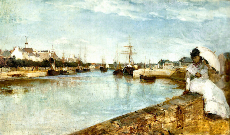 Woman with Umbrella on Dock — Blue