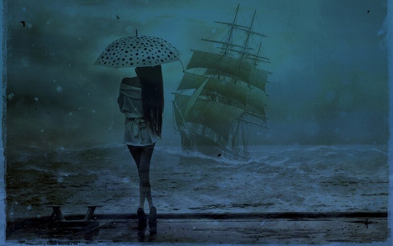Woman with Umbrella on Dock