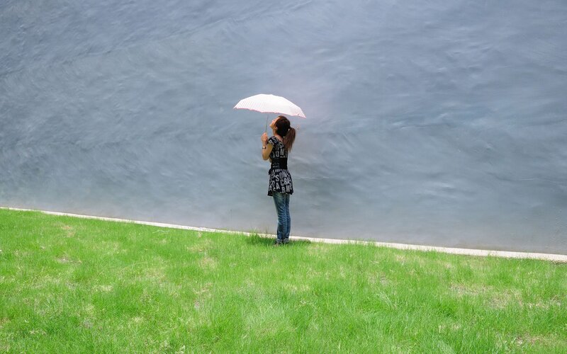 Woman with umbrella on grassy slope