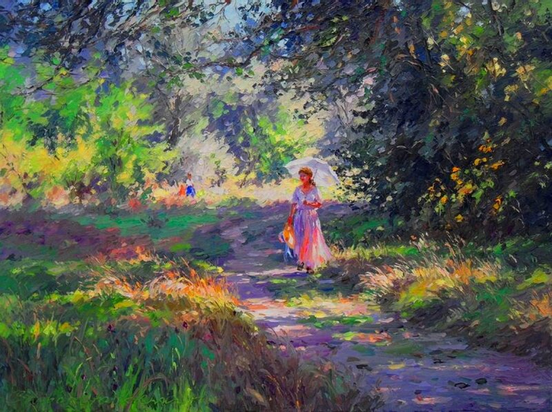 Woman with Umbrella on Path — Green