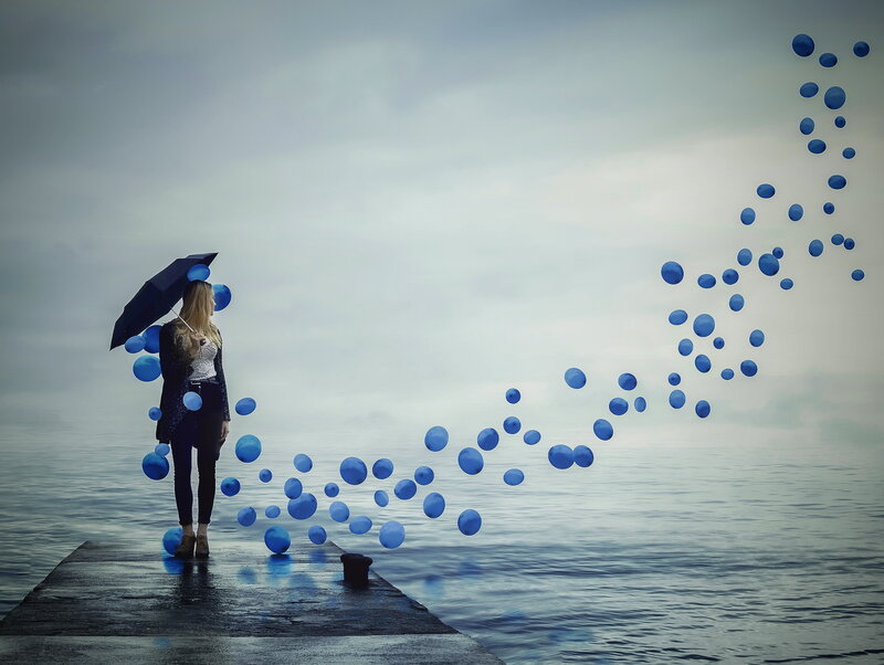 Woman with Umbrella on Pier — Blue