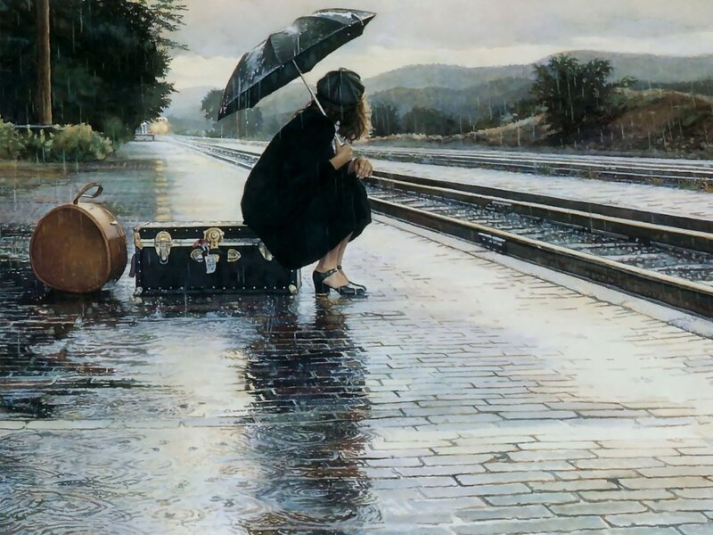 Woman with Umbrella on Platform — Black
