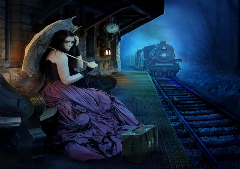 Woman with Umbrella on Platform — Purple