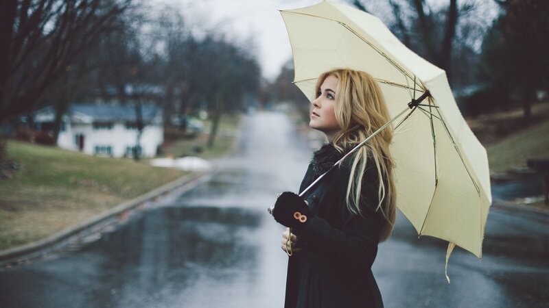 woman with umbrella on rainy street